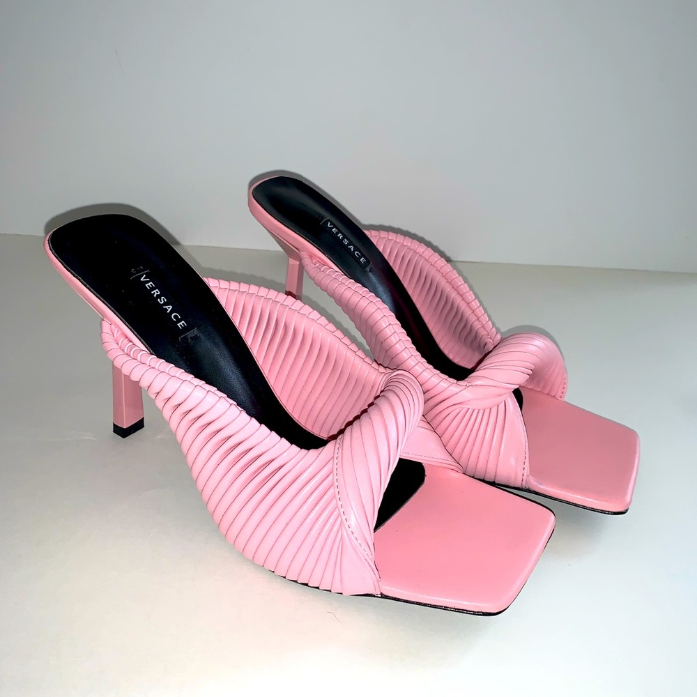 Versace Plisse Effect High Heel Mules - Pink